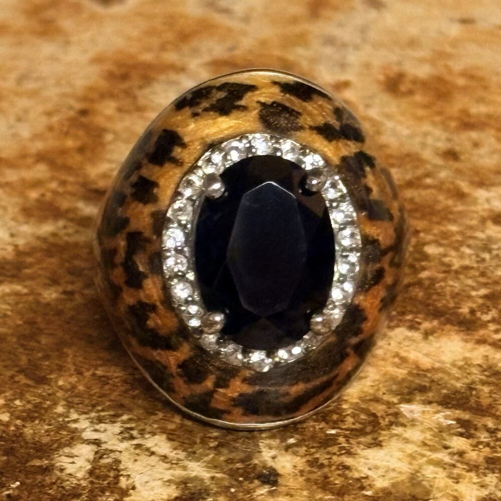 Sigal Ring Size 9 Sterling Silver with Animal Print Black Onyx and CZ's Vintage